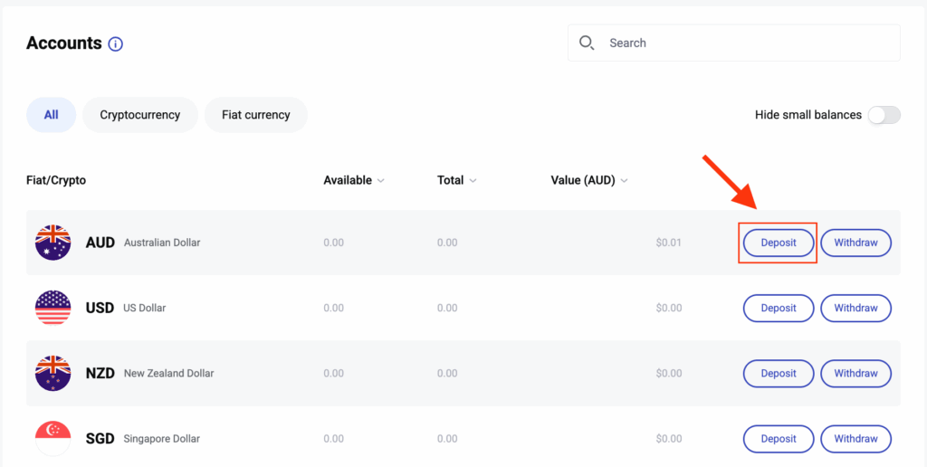 Independent Reserve trading account dashboard showing balances in different fiat currencies (AUD, USD, NZD, SGD). The Australian Dollar (AUD) row is highlighted, with a red arrow pointing to the blue Deposit button next to it. The dashboard displays columns for Available, Options for Deposit and Withdraw are available for each currency.
