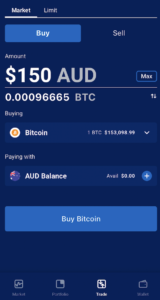Independent Reserve mobile app showing a $150 AUD Bitcoin purchase using AUD balance. Represents how to buy Bitcoin and crypto with Bendigo Bank via an AUSTRAC-registered exchange.