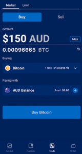 Independent Reserve mobile app showing a $150 AUD Bitcoin purchase using AUD balance. Represents how to buy Bitcoin and crypto with UBank via an AUSTRAC-registered exchange.