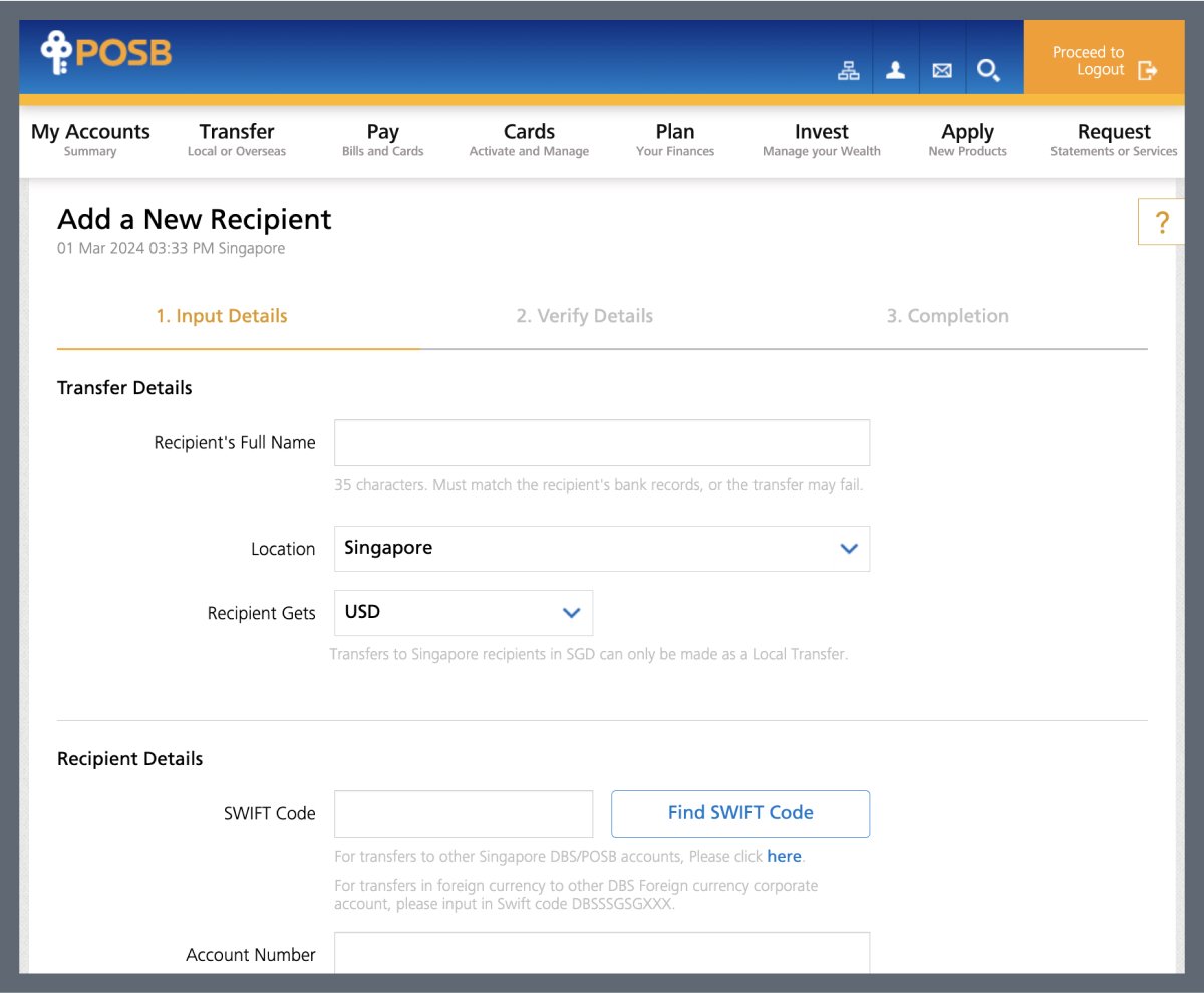 在新展银行汇款和海外转账界面上，添加受益账户信息