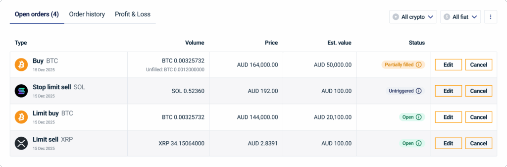 Screenshot of open orders