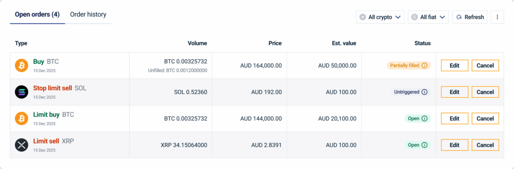 Screenshot of open orders