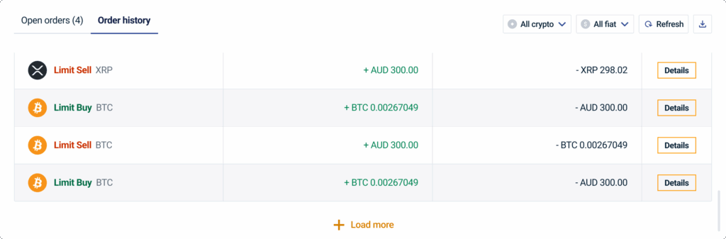 Screenshot of order history