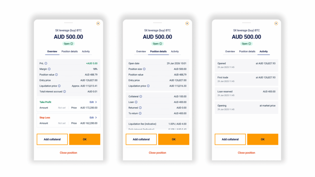 Overview, position details and activity tap on the mobile app