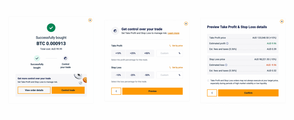 Post-order confirmation screen showing how to set Take Profit on a Bitcoin trade
