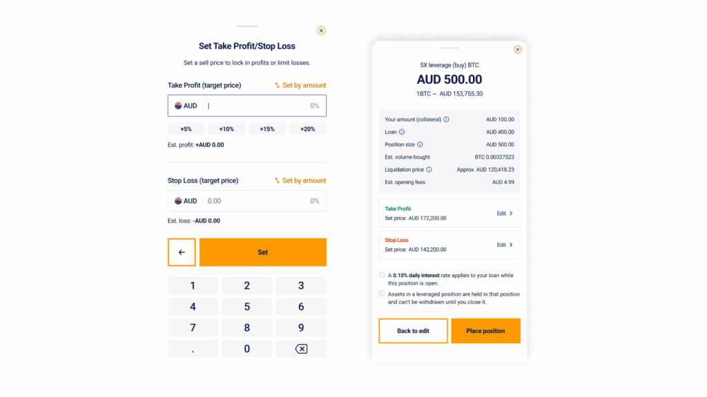 Set Take Profit and Stop Loss mobile app screenshot