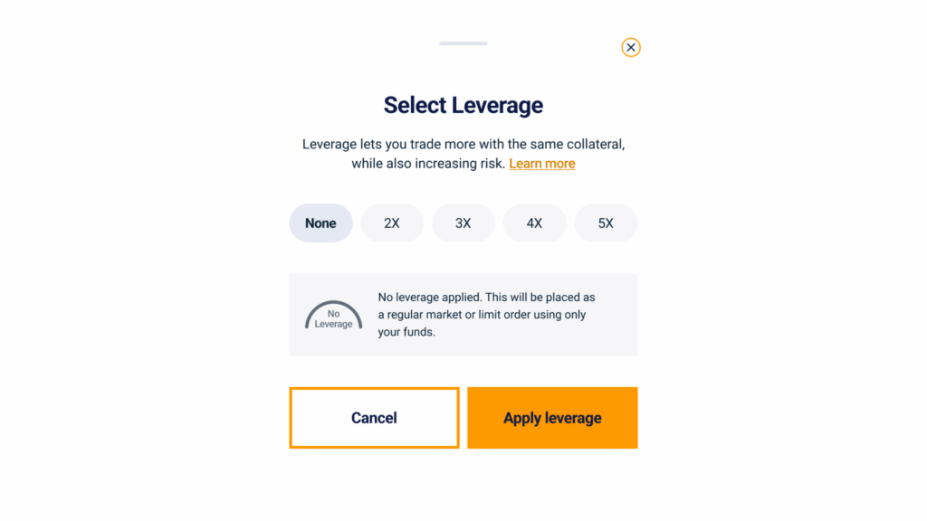Select leverage amount screen on the mobile app