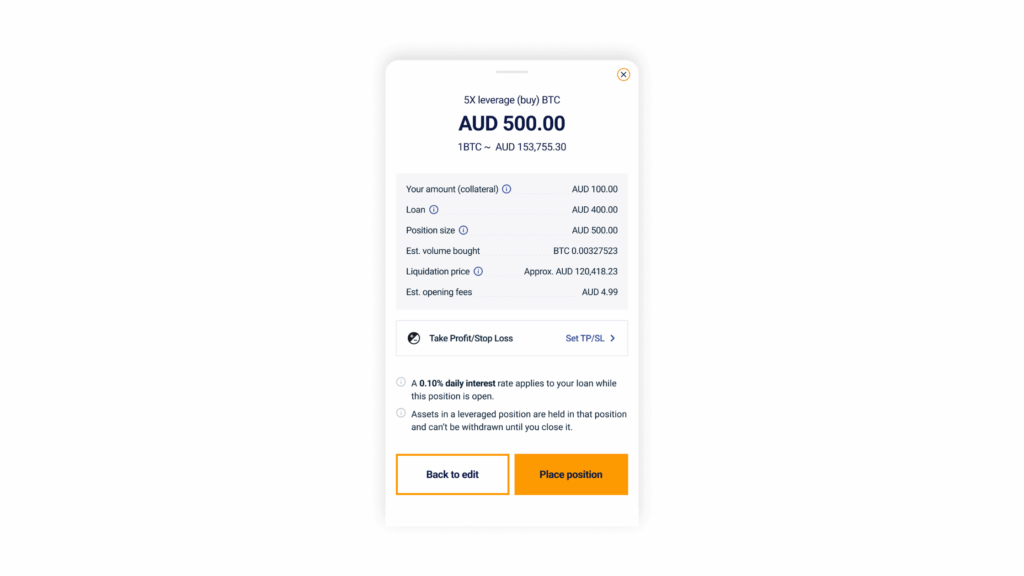 Preview leverage order on mobile app screenshot