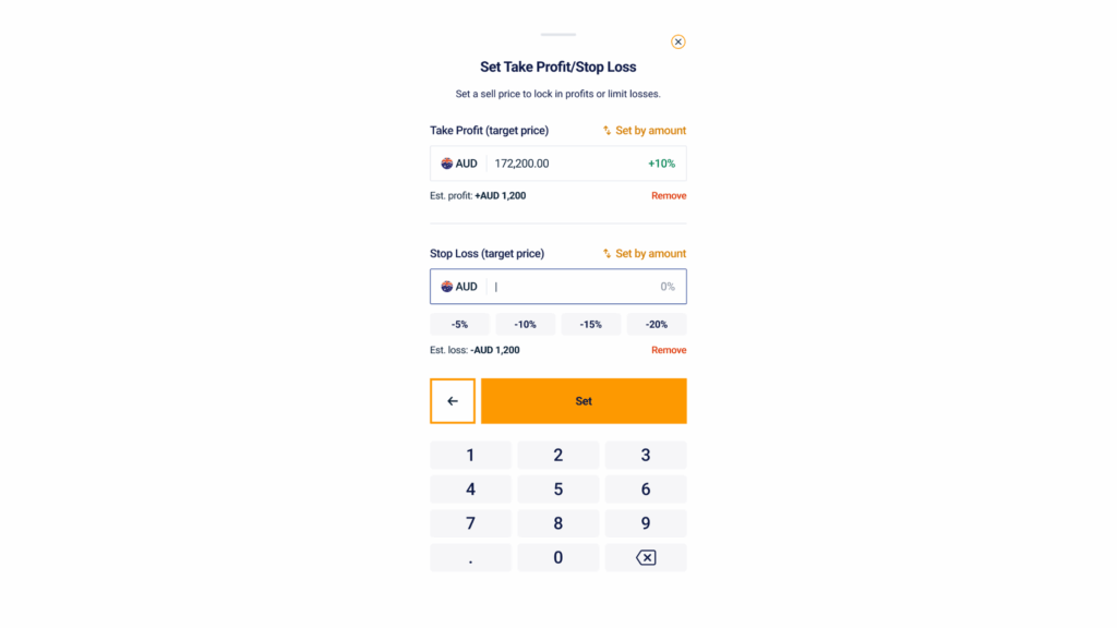 Set take profit leveraged trading mobile app screenshot