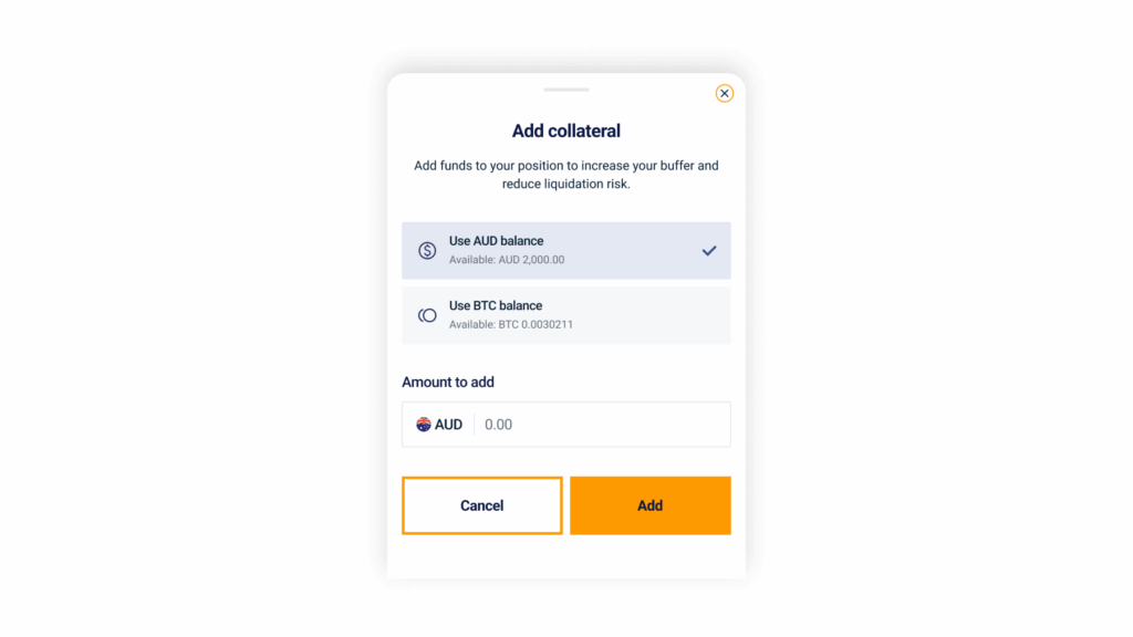 Add collateral leveraged trading mobile app screenshot