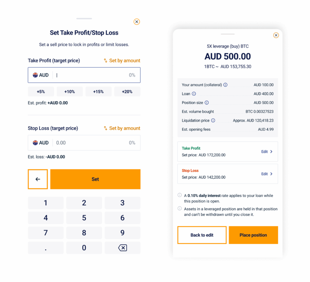 Set Take Profit and Stop Loss mobile app screenshot