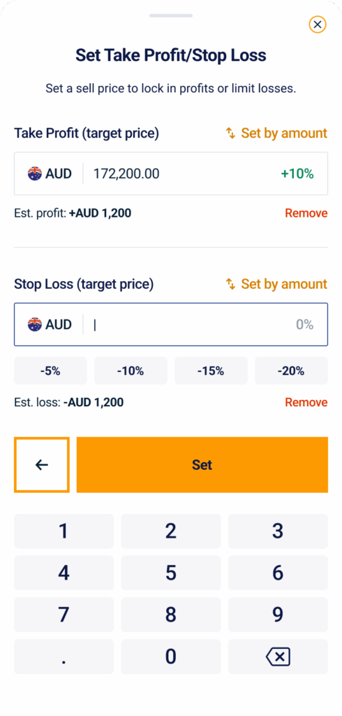 Set take profit leveraged trading mobile app screenshot