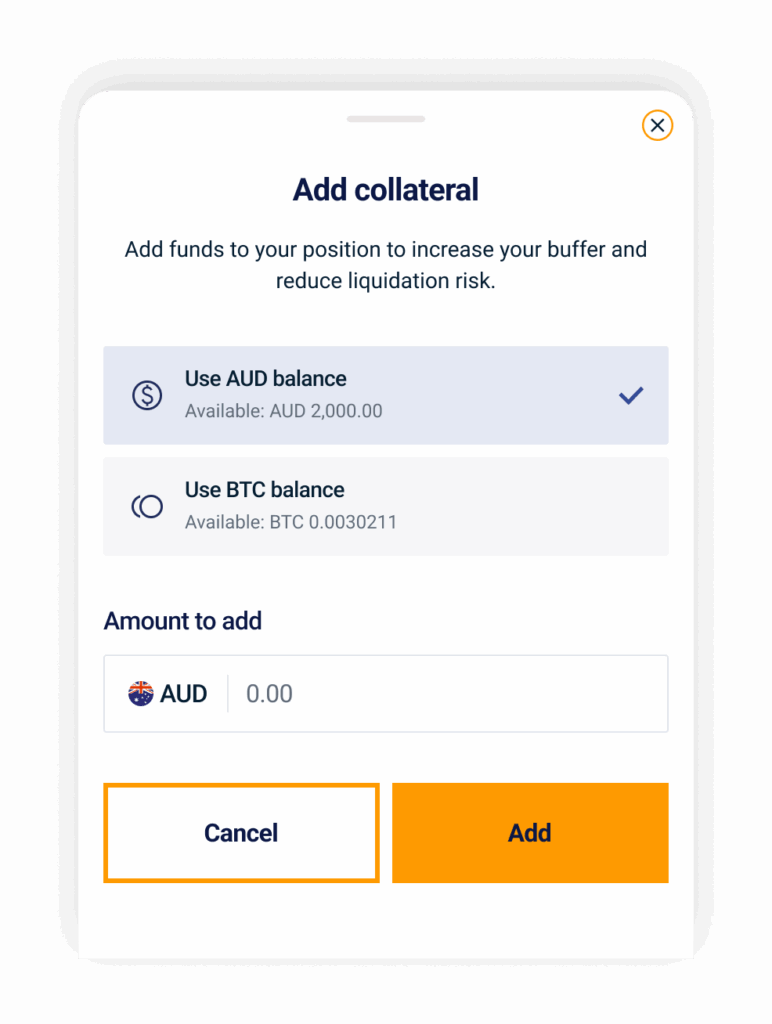 Add collateral leveraged trading mobile app screenshot