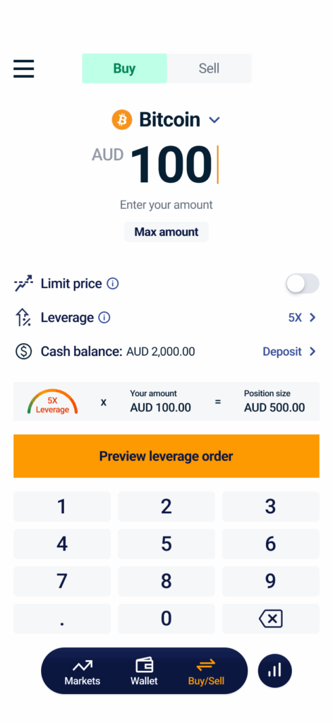 Preview leverage order on mobile app screenshot