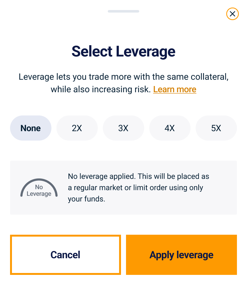 Select leverage amount screen on the mobile app