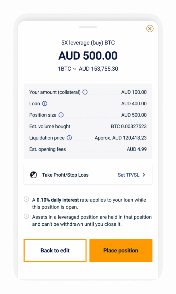 Preview leverage order on mobile app screenshot