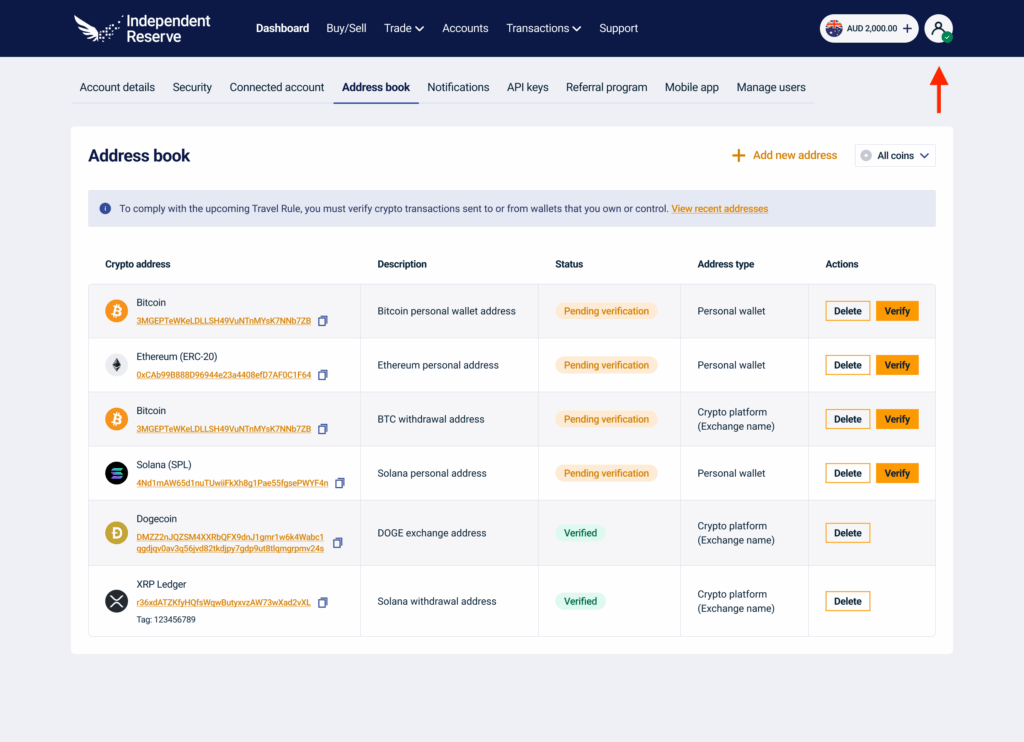 Open the address book on Independent Reserve screenshot