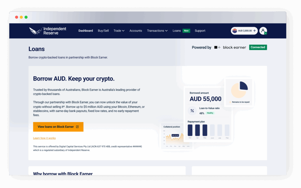 The Independent Reserve Loans page showing the Block Earner integration