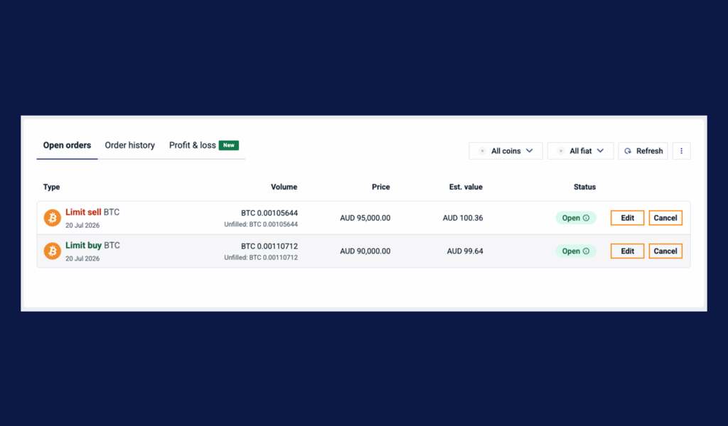 Independent Reserve how to cancel limit orders screenshot