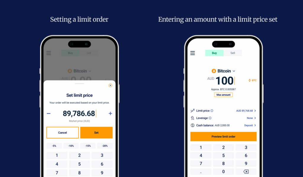 Independent Reserve setting a limit order on the mobile app screenshot