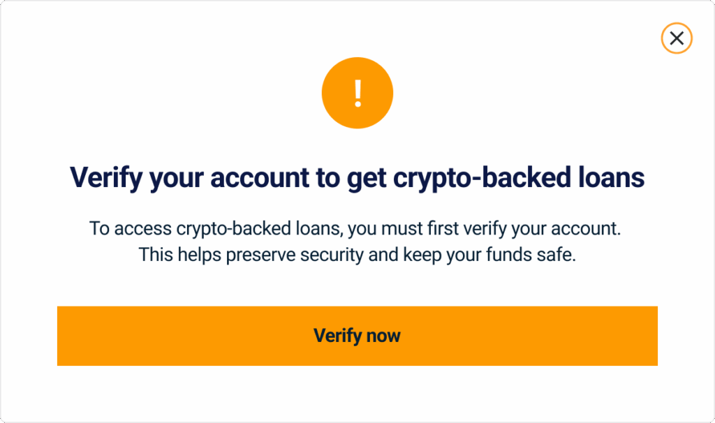 Verify your account to get crypto-backed loans screenshot