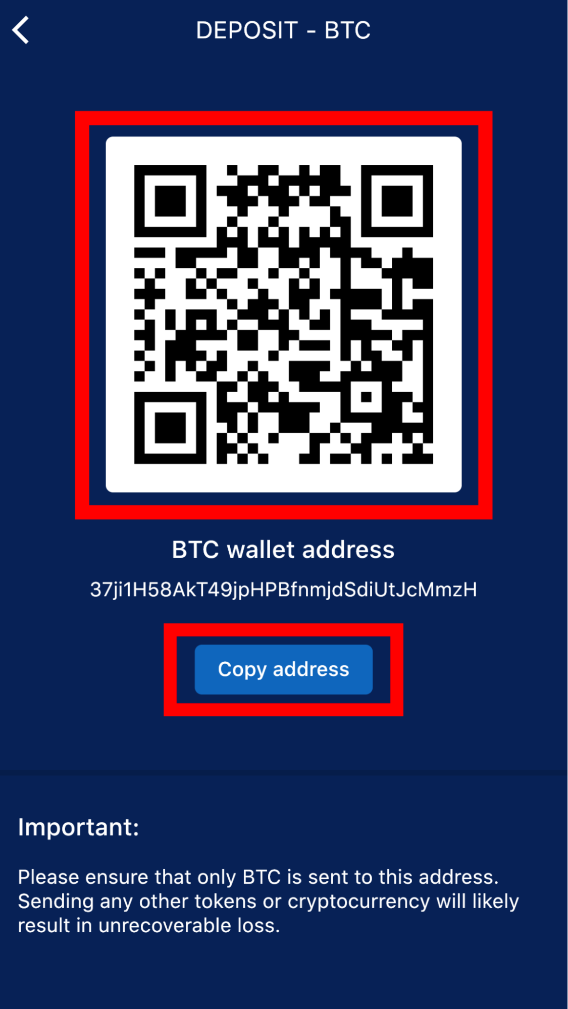 IR Mobile App deposit screen with highlighted QR code and 'Copy address' button
