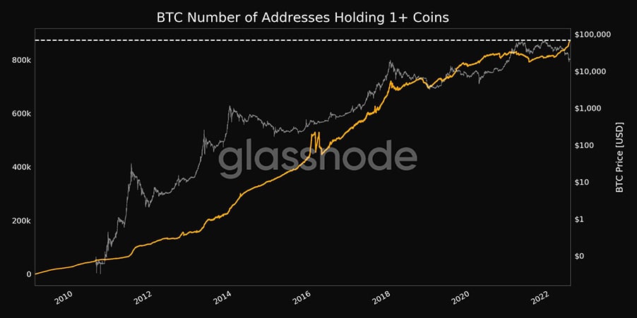 BTC number of addresses holding 1+ coins