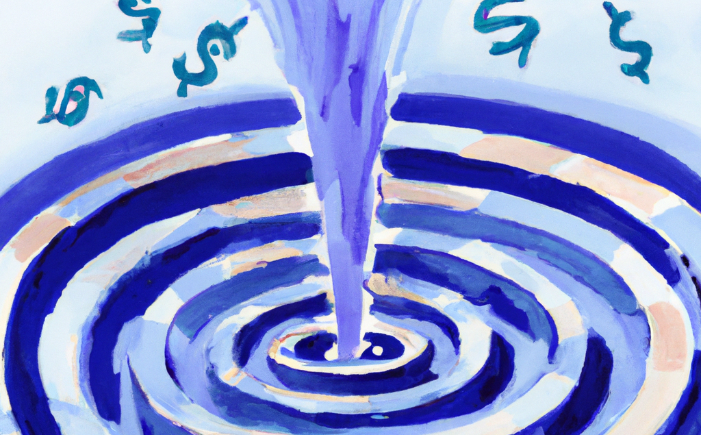 A dark blue water colour drawing of USDC circling the drain