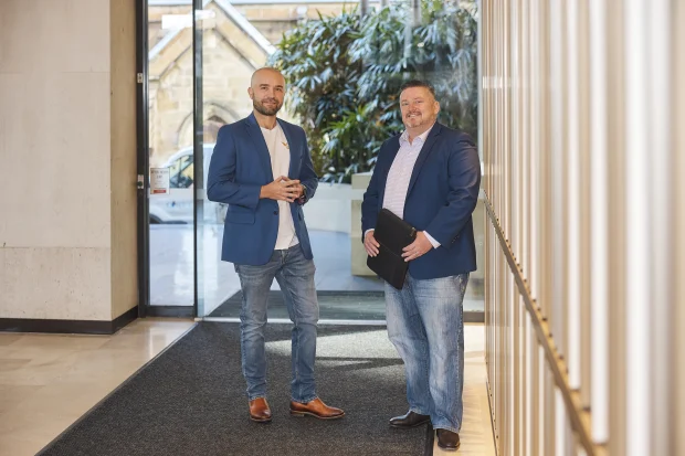 Adrian Przelozny, CEO of Independent Reserve, and Peter Cowan, managing director at PayPal Australia, in Sydney on Wednesday.
