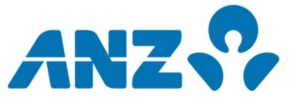 ANZ logo featuring the letters "ANZ" in bold blue font, accompanied by a stylised abstract figure formed by three blue shapes resembling a person with outstretched arms.