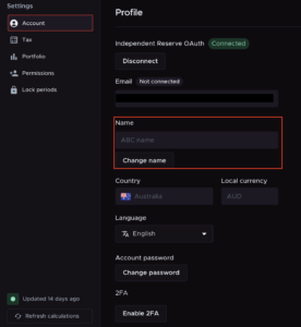Crypto Tax Calculator "Profile" settings page under the "Account" tab. The screen displays options to disconnect the Independent Reserve account, change email, name, country, currency, language, password, and enable two-factor authentication (2FA). The "Name" field is highlighted, showing an editable input box and a "Change name" button.