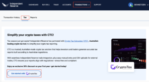 Independent Reserve crypto exchange platform, showing the "Tax" tab under the "Transactions" menu. The page promotes a partnership with Crypto Tax Calculator (CTC), offering Australian users simplified tax reporting for crypto transactions. A call-to-action button at the bottom reads “Get started with CryptoTax,” highlighting a 30% discount for new users. A sample portfolio interface is displayed on the right.