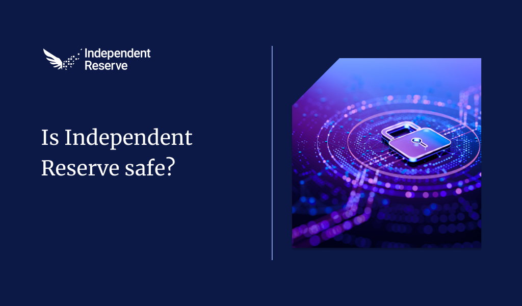 Independent Reserve branding with the text ‘Is Independent Reserve safe?’ alongside a digital illustration of a secure padlock, symbolising cryptocurrency security.